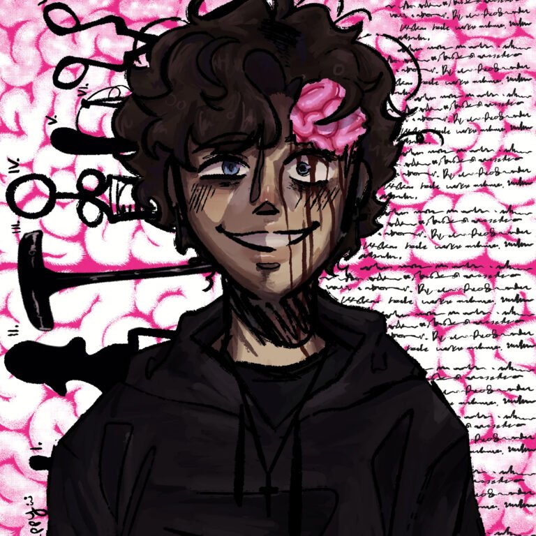 Preview of the Lobotomize Me Procreate Brush Set featuring grunge textures, handwritten effects, ink details and abstract brushes for horror, psychological and dark-themed digital artwork.