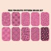 Free Pattern Brush Set for Procreate with 10 seamless pattern brushes featuring hearts, flowers, cherries, dots, bubbles, and cute decorative designs.