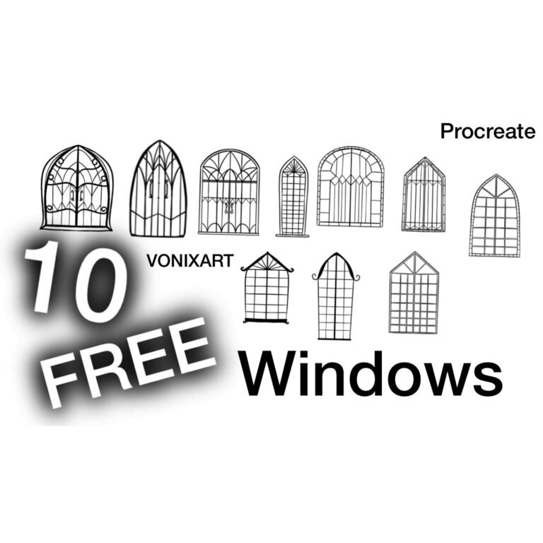 Preview of 10 free Window Stamp Brushes for Procreate featuring decorative gothic and vintage window stamps for fantasy illustrations, architecture and digital artwork.